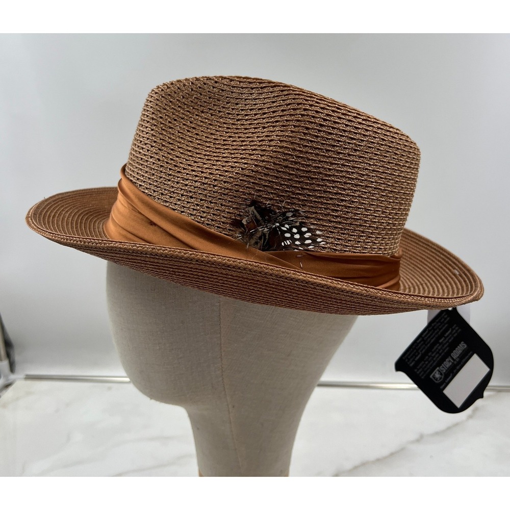Stacy Adams Fedora Hat Men's Large Straw Cognac Brown Feather Pin NWT
